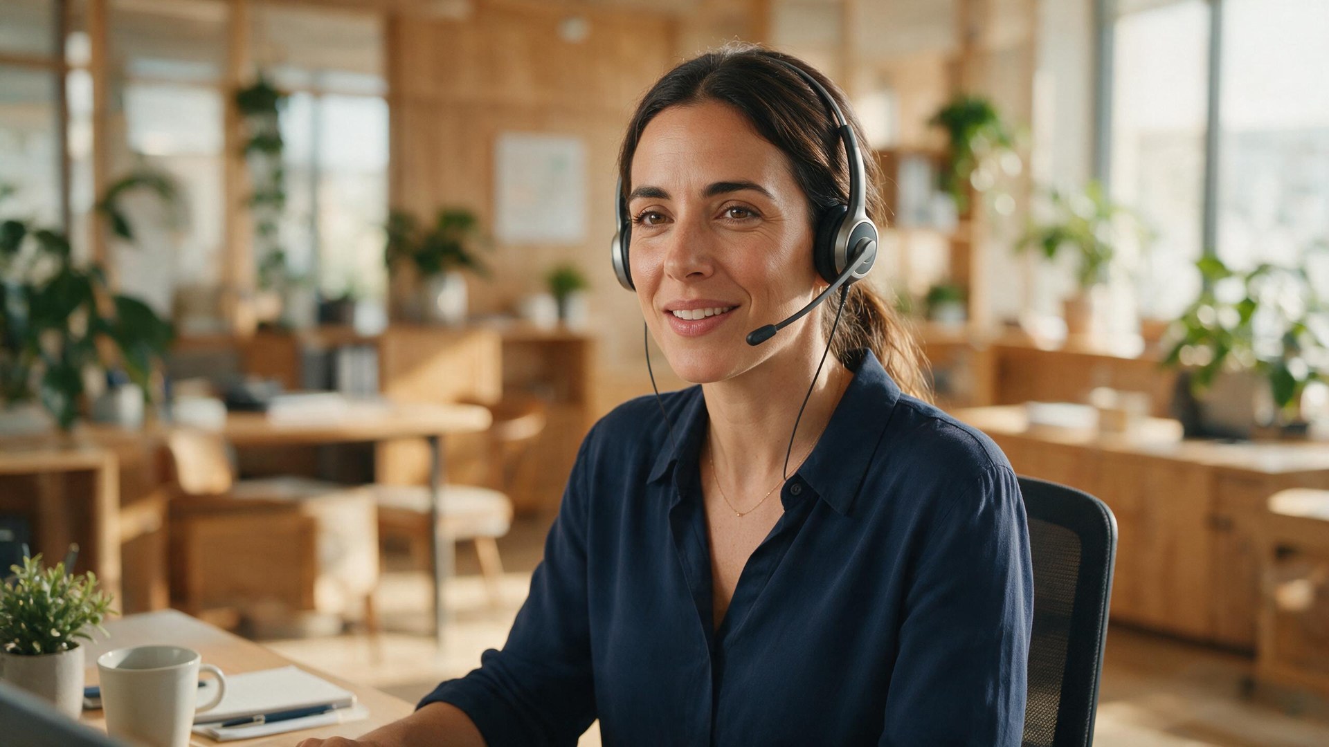 Agente de atención al cliente sonriendo con auriculares de diadema en una oficina luminosa