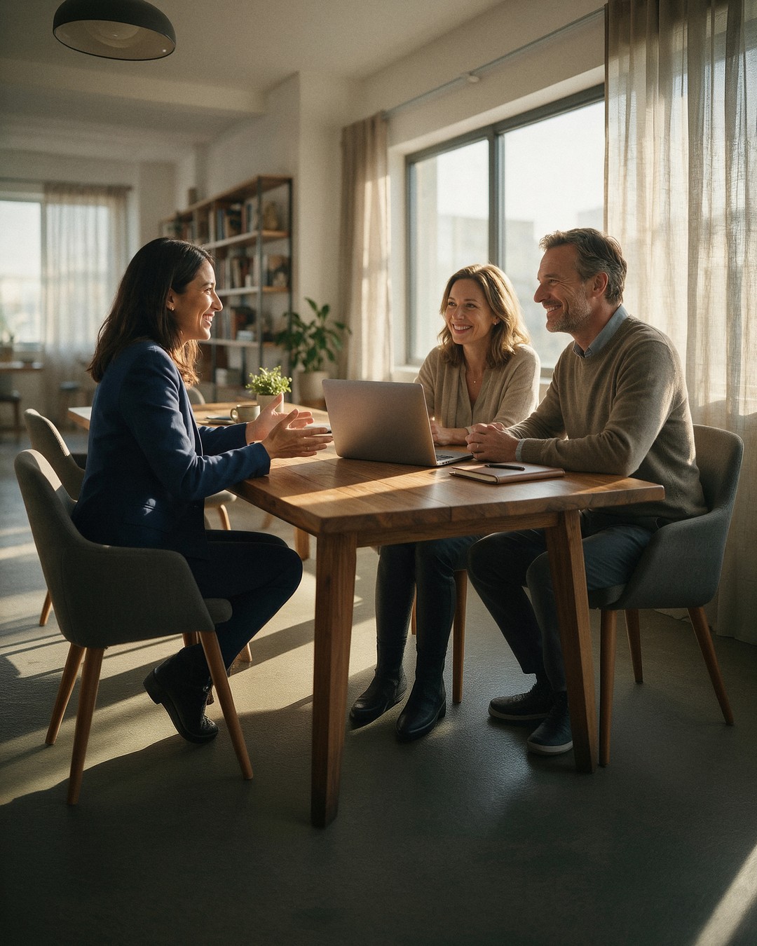 Asesora atendiendo a una pareja de clientes en una mesa de reuniones con luz natural