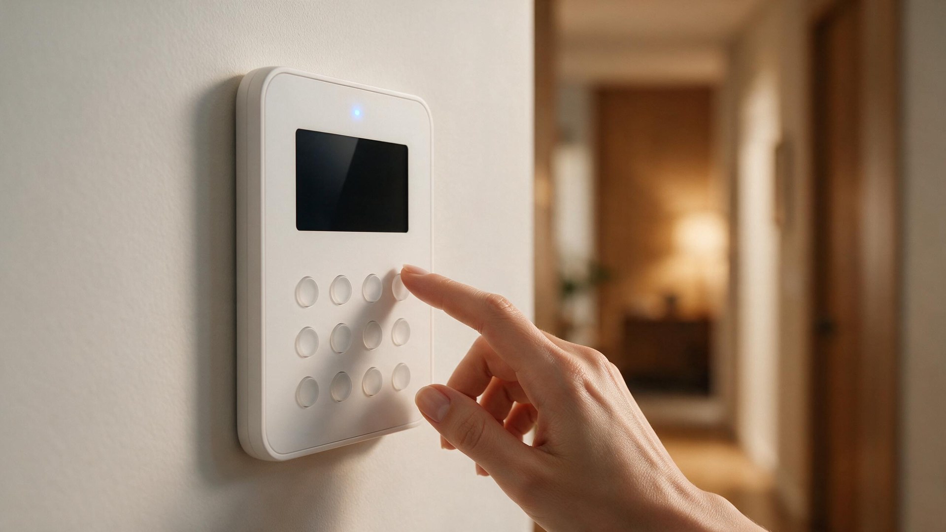 Mano activando un teclado de alarma moderno en la pared de una vivienda
