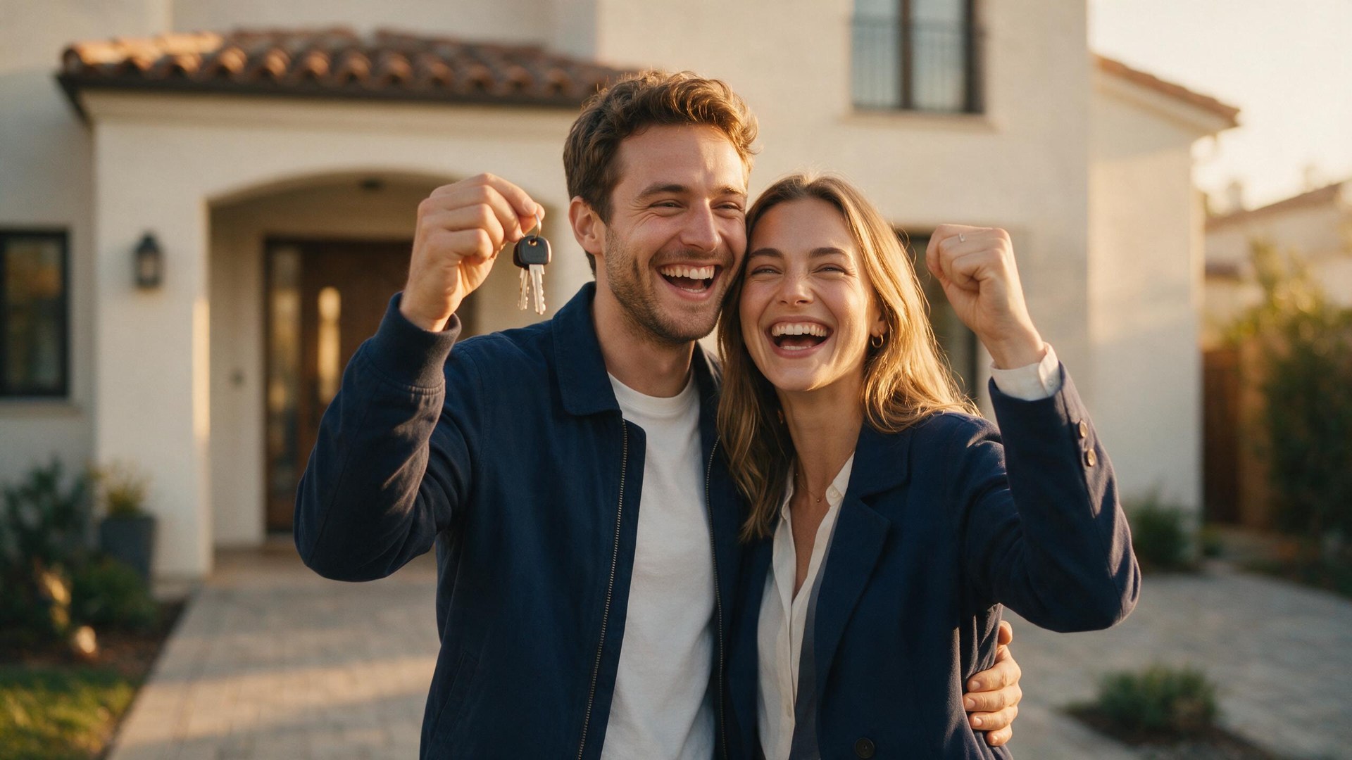 Pareja joven celebrando con las llaves de su nueva casa