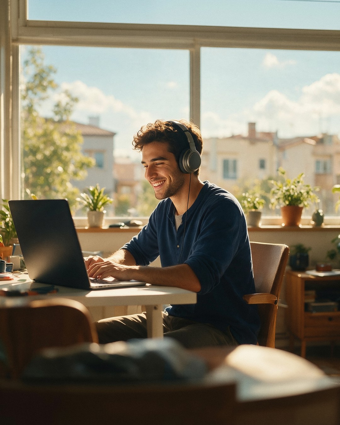 Joven emprendedor trabajando con portátil y auriculares en un despacho luminoso